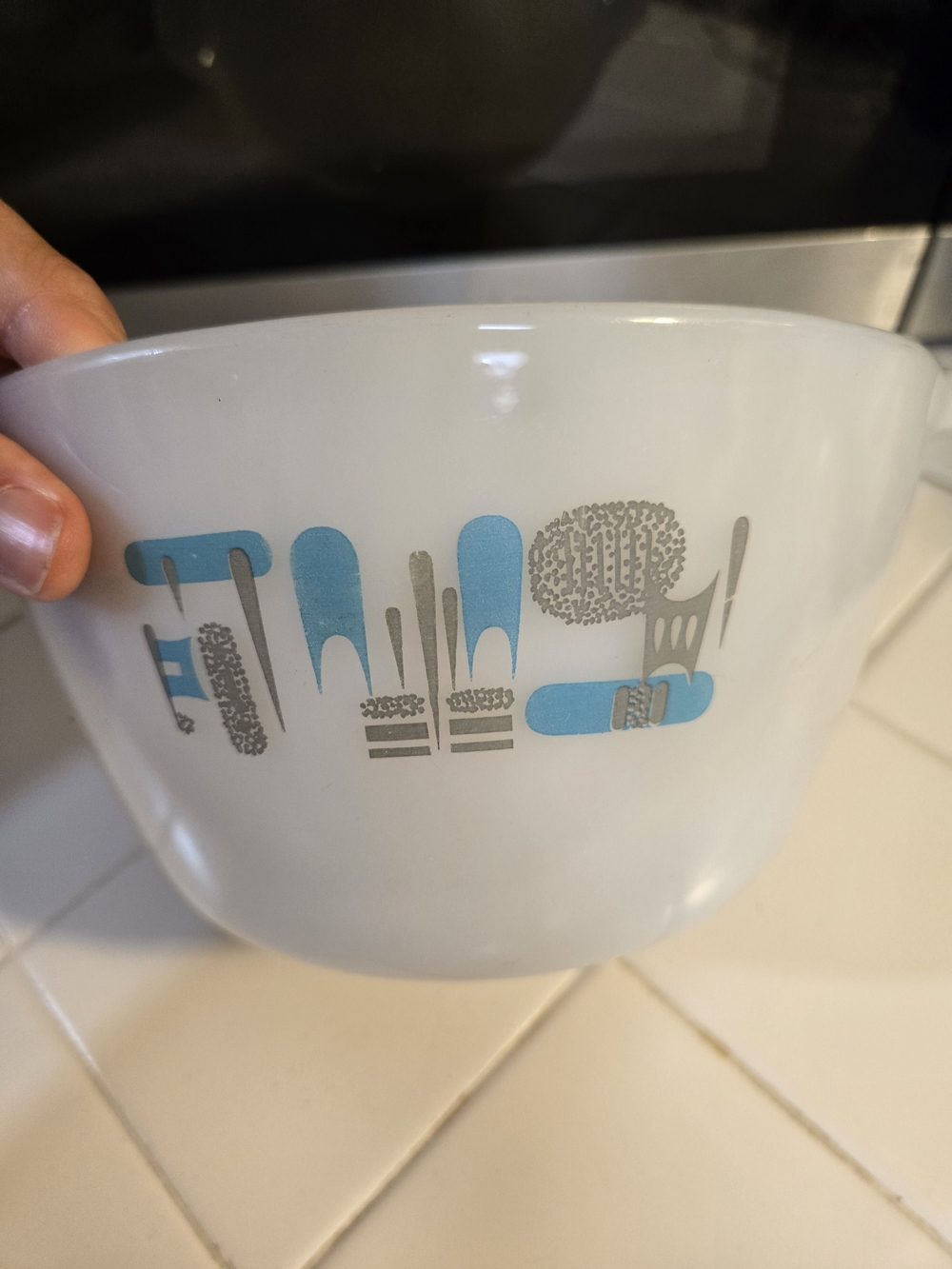 White Ceramic Mixing Bowl with Blue and Gray Retro Pattern - Unbranded
